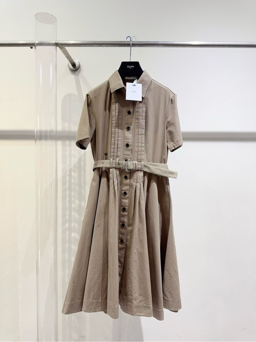 🚩steal Dior Taupe Button-Front Belted Shirt Dress